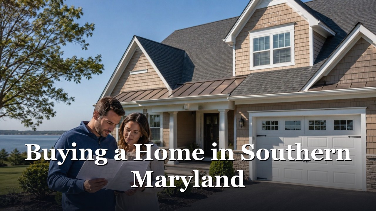A Southern Maryland couple reviewing buyer documents with their agent outside a home they are considering.