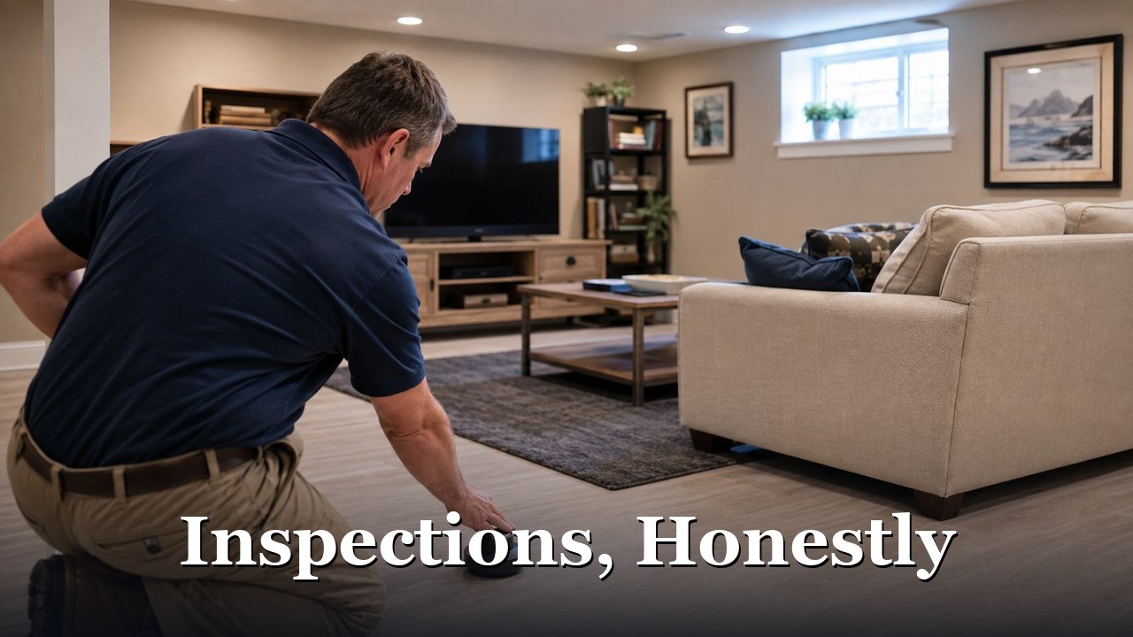 An inspector placing a radon test in a Calvert County home.