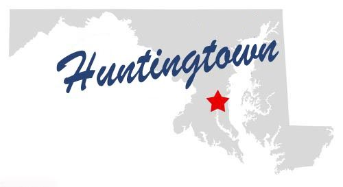 Illustrated Maryland map marking Huntingtown with a red star