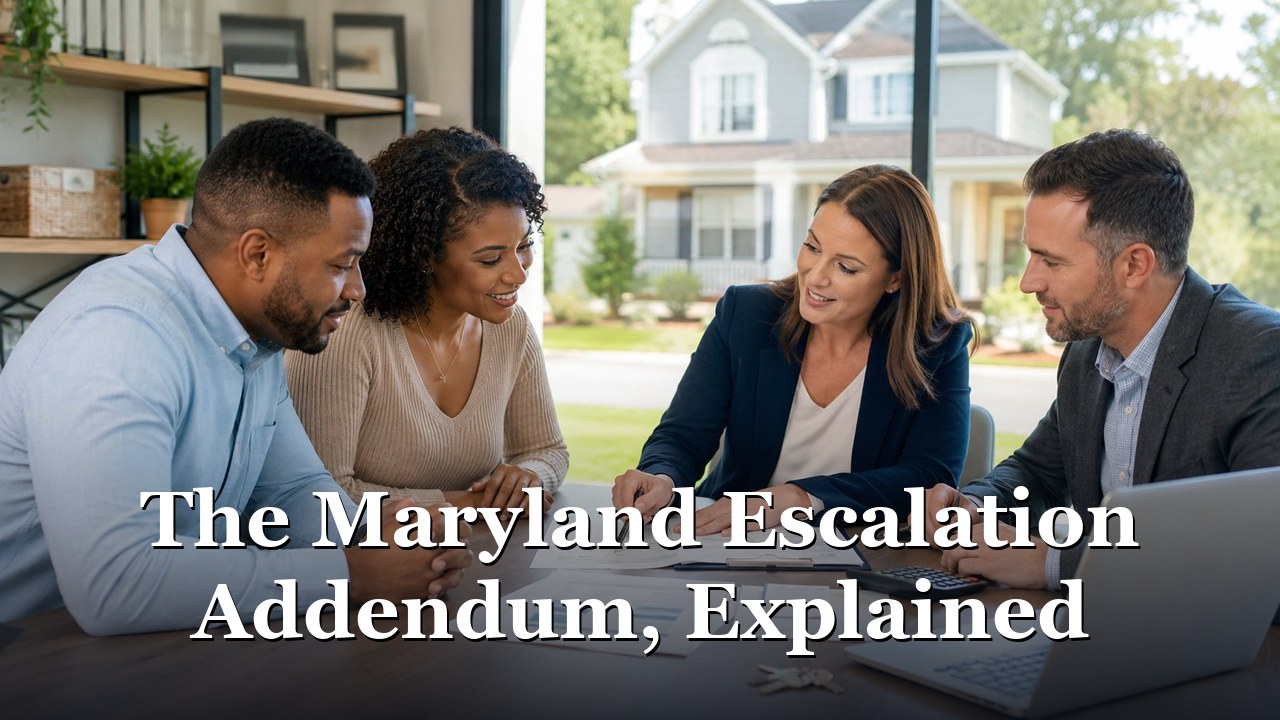 A Maryland buyer reviewing the purchase price escalation addendum with their agent before submitting an offer.