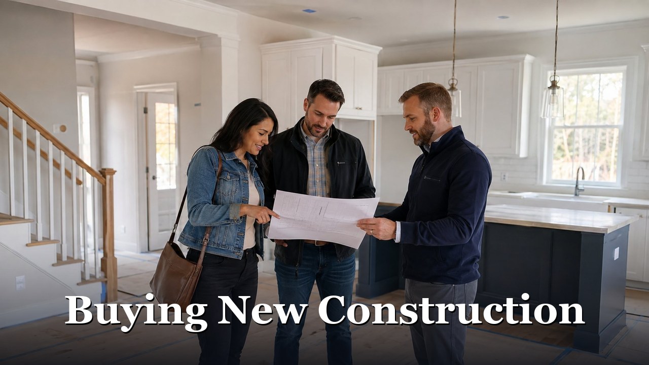 Buyers reviewing plans with their own agent inside a new construction home in Southern Maryland.