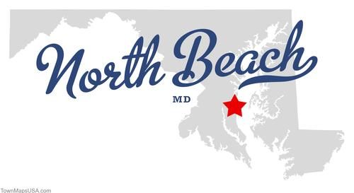 Illustrated Maryland map marking North Beach with a red star